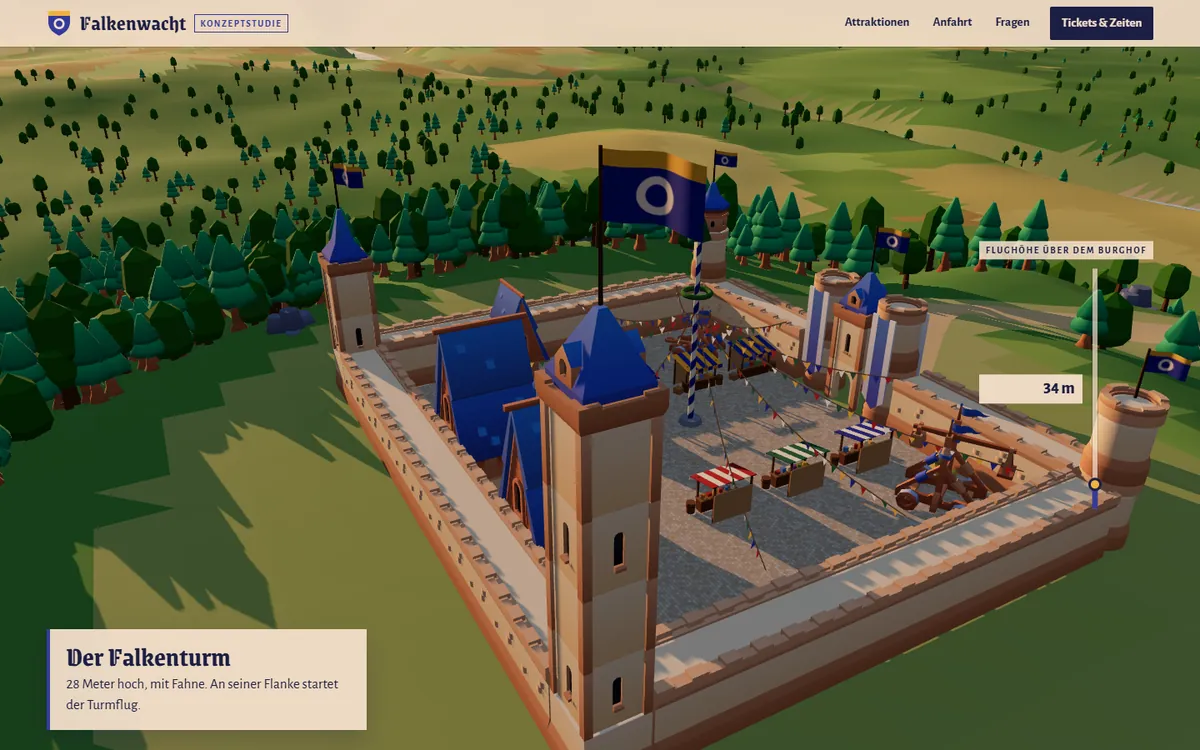 Anflug auf die Erlebnisburg Falkenwacht: eine 3D-Burg mit blauen Türmen und Fahnen inmitten von Wald, rechts eine Höhenanzeige.